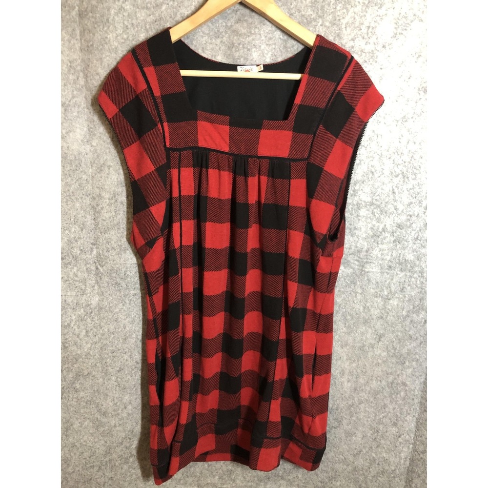 Faherty Legend Flannel Dress Womens Large Red Buffalo Plaid Knit Cap‎ Sleeve
